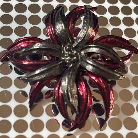 Vintage Silver & Red Floral Metal Stacked Brooch Pin Lapel B#18 - Picture 5 of 7